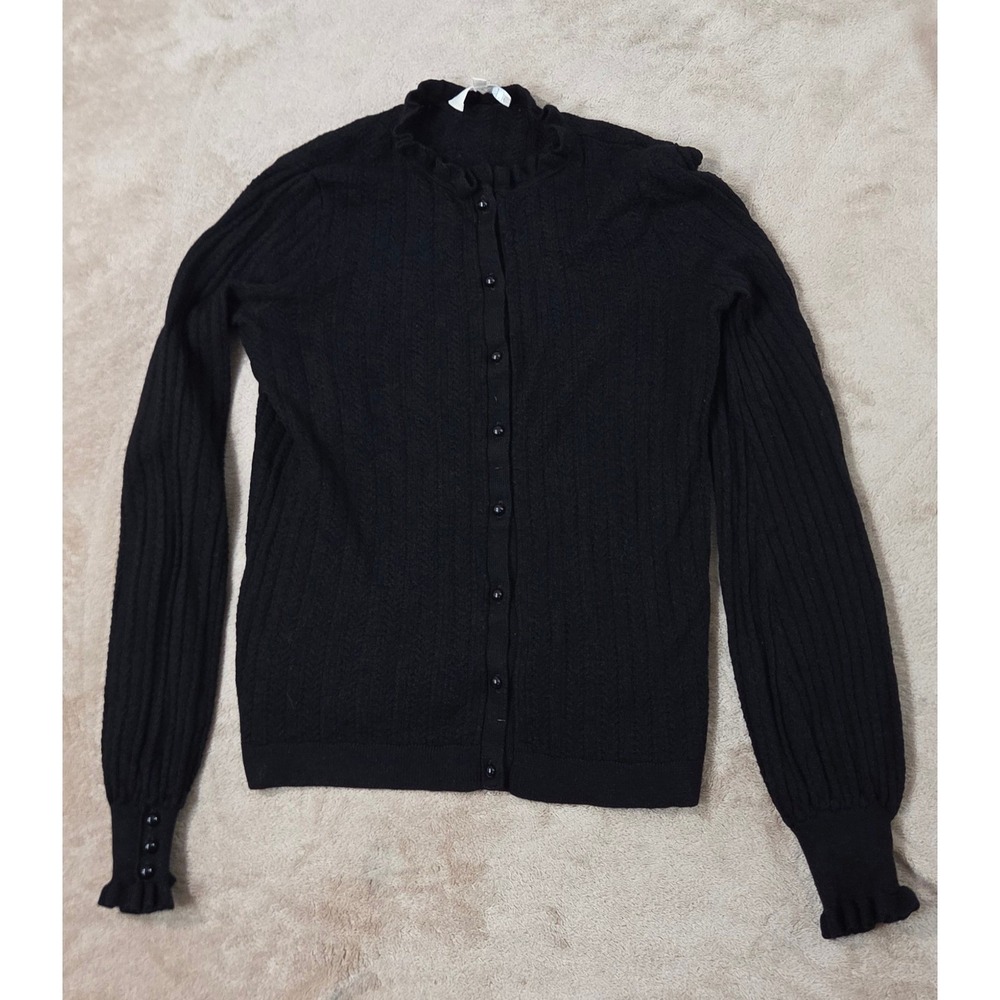 Sezane Louis Cardigan Black Merino Wool Cable Knit Ruffle Trim XS S242GIL024N